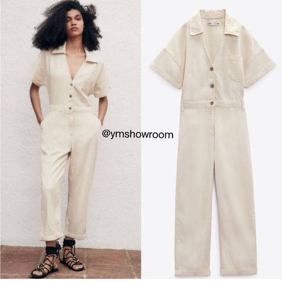 Zara Pants - Zara Cream Short-Sleeve Button Front Jumpsuit